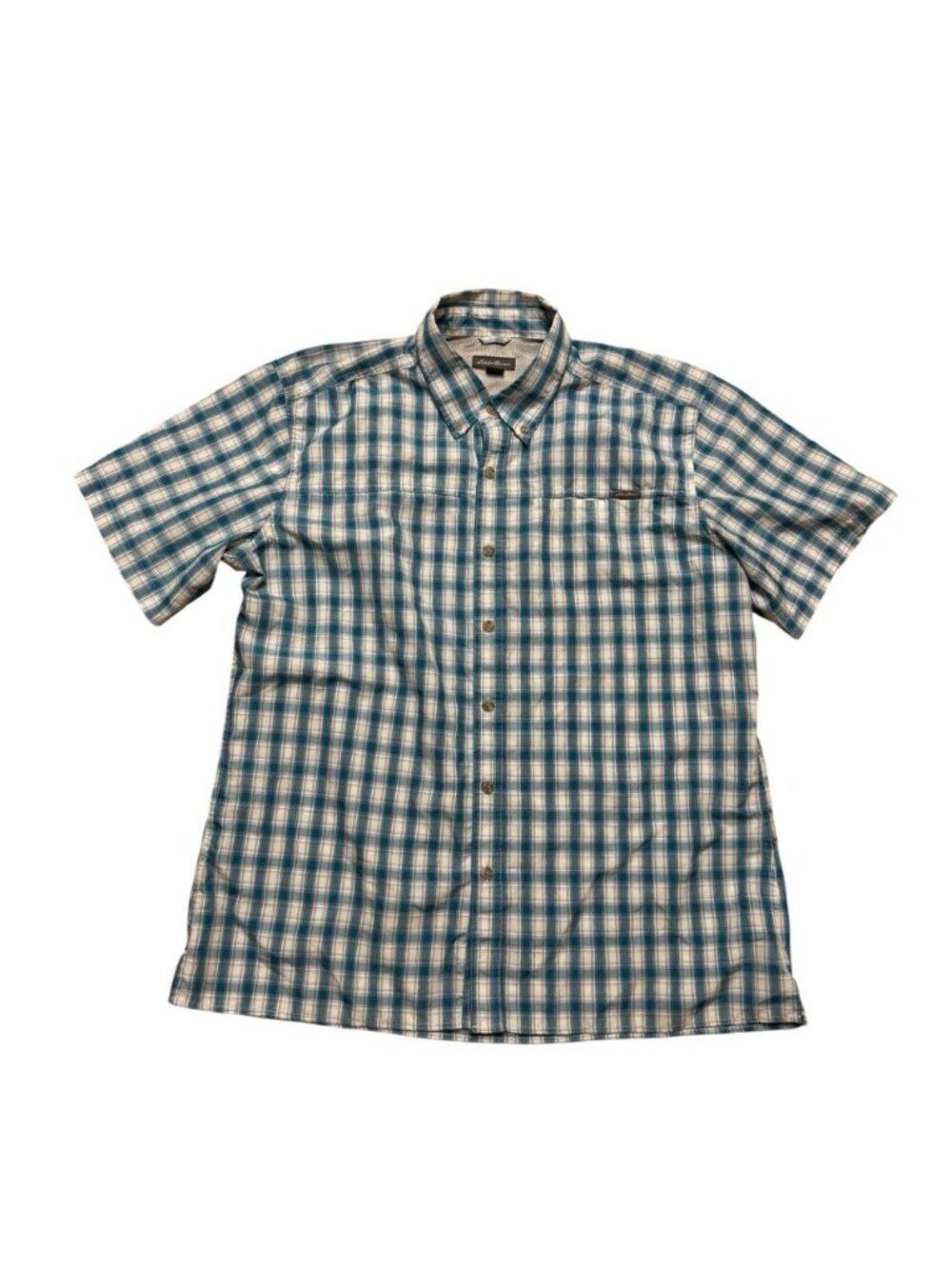 Eddie Bauer Plaid Short Sleeve Button Up Shirt Mens Large Blue